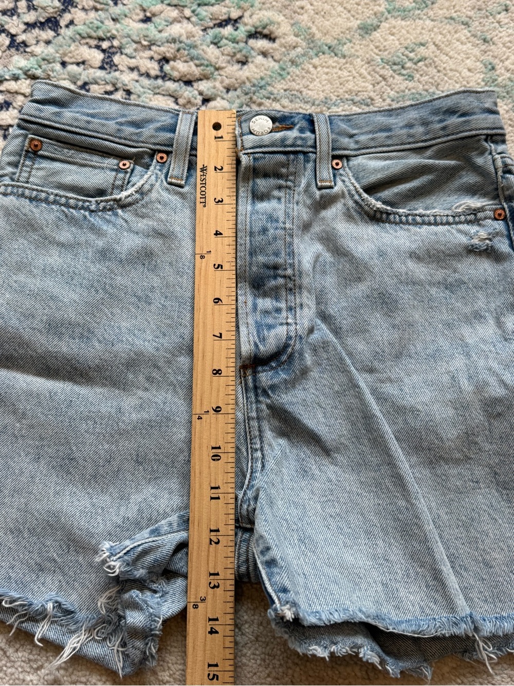 Denim Forum The Yoko High Rise Mid Thigh Midi Denim Jean Short Size 27 / 4 EUC - Picture 8 of 11